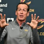 INDEPENDENCE, OHIO - JULY 01: Kenny Atkinson the new head coach of the Cleveland Cavaliers talks to the media during a press conference at Cleveland Clinic Courts on July 01, 2024 in Independence, Ohio. NOTE TO USER: User expressly acknowledges and agrees that, by downloading and or using this photograph, User is consenting to the terms and conditions of the Getty Images License Agreement.