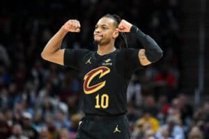 CLEVELAND, OHIO - DECEMBER 21: Darius Garland #10 of the Cleveland Cavaliers celebrates a basket during the second half against the Philadelphia 76ers at Rocket Mortgage Fieldhouse on December 21, 2024 in Cleveland, Ohio. NOTE TO USER: User expressly acknowledges and agrees that, by downloading and or using this photograph, User is consenting to the terms and conditions of the Getty Images License Agreement.