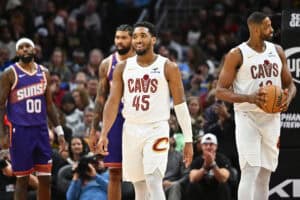 CLEVELAND, OHIO - JANUARY 20: Donovan Mitchell #45 of the Cleveland Cavaliers reacts during the fourth quarter against the Phoenix Suns at Rocket Mortgage Fieldhouse on January 20, 2025 in Cleveland, Ohio. The Cavaliers defeated the Suns 118-92. NOTE TO USER: User expressly acknowledges and agrees that, by downloading and or using this photograph, User is consenting to the terms and conditions of the Getty Images License Agreement.