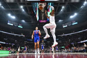CLEVELAND, OHIO - OCTOBER 25: Donovan Mitchell #45 of the Cleveland Cavaliers dunks during the second quarter against the Detroit Pistons at Rocket Mortgage Fieldhouse on October 25, 2024 in Cleveland, Ohio. The Cavaliers defeated the Pistons 113-101.