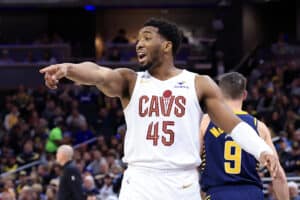 NDIANAPOLIS, INDIANA - JANUARY 14: Donovan Mitchell #45 of the Cleveland Cavaliers reacts during the second half at Gainbridge Fieldhouse on January 14, 2025 in Indianapolis, Indiana. NOTE TO USER: User expressly acknowledges and agrees that, by downloading and or using this photograph, User is consenting to the terms and conditions of the Getty Images License Agreement.
