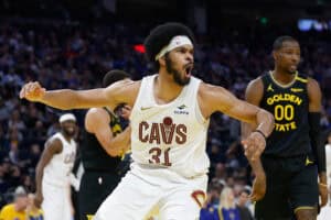 SAN FRANCISCO, CALIFORNIA - DECEMBER 30: Jarrett Allen #31 of the Cleveland Cavaliers reacts after a basket in the third quarter against the Golden State Warriors at Chase Center on December 30, 2024 in San Francisco, California. NOTE TO USER: User expressly acknowledges and agrees that, by downloading and or using this photograph, User is consenting to the terms and conditions of the Getty Images License Agreement.