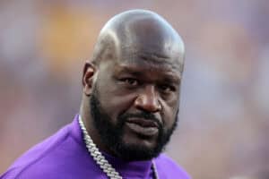 BATON ROUGE, LOUISIANA - OCTOBER 12: American former basketball player Shaquille O'Neal reacts before a game against the Mississippi Rebels at Tiger Stadium on October 12, 2024 in Baton Rouge, Louisiana.