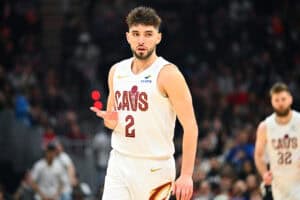 CLEVELAND, OHIO - DECEMBER 20: Ty Jerome #2 of the Cleveland Cavaliers celebrates during the second quarter against the Milwaukee Bucks at Rocket Mortgage Fieldhouse on December 20, 2024 in Cleveland, Ohio.