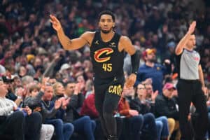 CLEVELAND, OHIO - FEBRUARY 04: Donovan Mitchell #45 of the Cleveland Cavaliers celebrates during the first quarter against the Boston Celtics at Rocket Mortgage Fieldhouse on February 04, 2025 in Cleveland, Ohio. NOTE TO USER: User expressly acknowledges and agrees that, by downloading and or using this photograph, User is consenting to the terms and conditions of the Getty Images License Agreement.