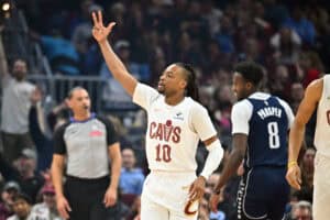 CLEVELAND, OHIO - FEBRUARY 02: Darius Garland #10 of the Cleveland Cavaliers celebrates during the first quarter against the Dallas Mavericks at Rocket Mortgage Fieldhouse on February 02, 2025 in Cleveland, Ohio. NOTE TO USER: User expressly acknowledges and agrees that, by downloading and or using this photograph, User is consenting to the terms and conditions of the Getty Images License Agreement.