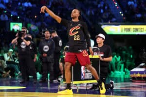 SAN FRANCISCO, CALIFORNIA - FEBRUARY 15: Darius Garland #10 of the Cleveland Cavaliers shoots a three point basket during the 2025 Starry 3-Point Contest as part of the State Farm All-Star Saturday Night at Chase Center on February 15, 2025 in San Francisco, California.