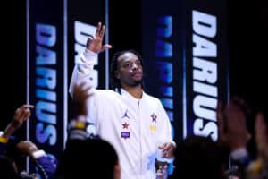SAN FRANCISCO, CALIFORNIA - FEBRUARY 16: Darius Garland #10 of the Cleveland Cavaliers and Kenny's Young Stars walks out during team introductions during the 74th NBA All-Star Game at Chase Center on February 16, 2025 in San Francisco, California.