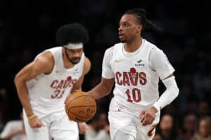 NEW YORK, NEW YORK - FEBRUARY 20: Darius Garland #10 of the Cleveland Cavaliers dribbles during the game against the Brooklyn Nets at Barclays Center on February 20, 2025 in the Brooklyn borough of New York City.