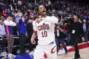 DETROIT, MICHIGAN - FEBRUARY 05: Darius Garland #10 of the Cleveland Cavaliers reacts after making a buzzer-beating 3-pointer to defeat the Detroit Pistons, 118-115, at Little Caesars Arena on February 05, 2025 in Detroit, Michigan.