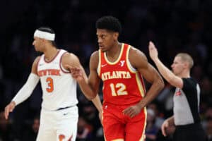 NEW YORK, NEW YORK - JANUARY 20: De'Andre Hunter #12 of the Atlanta Hawks reacts during the first half against the New York Knicks at Madison Square Garden on January 20, 2025 in New York City.