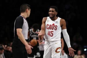 NEW YORK, NEW YORK - FEBRUARY 20: Donovan Mitchell #45 of the Cleveland Cavaliers reacts toward the referee during the game against the Brooklyn Nets at Barclays Center on February 20, 2025 in the Brooklyn borough of New York City.