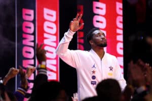SAN FRANCISCO, CALIFORNIA - FEBRUARY 16: Donovan Mitchell #45 of the Cleveland Cavaliers and Chuck's Global Stars walks out during team introductions during the 74th NBA All-Star Game at Chase Center on February 16, 2025 in San Francisco, California.