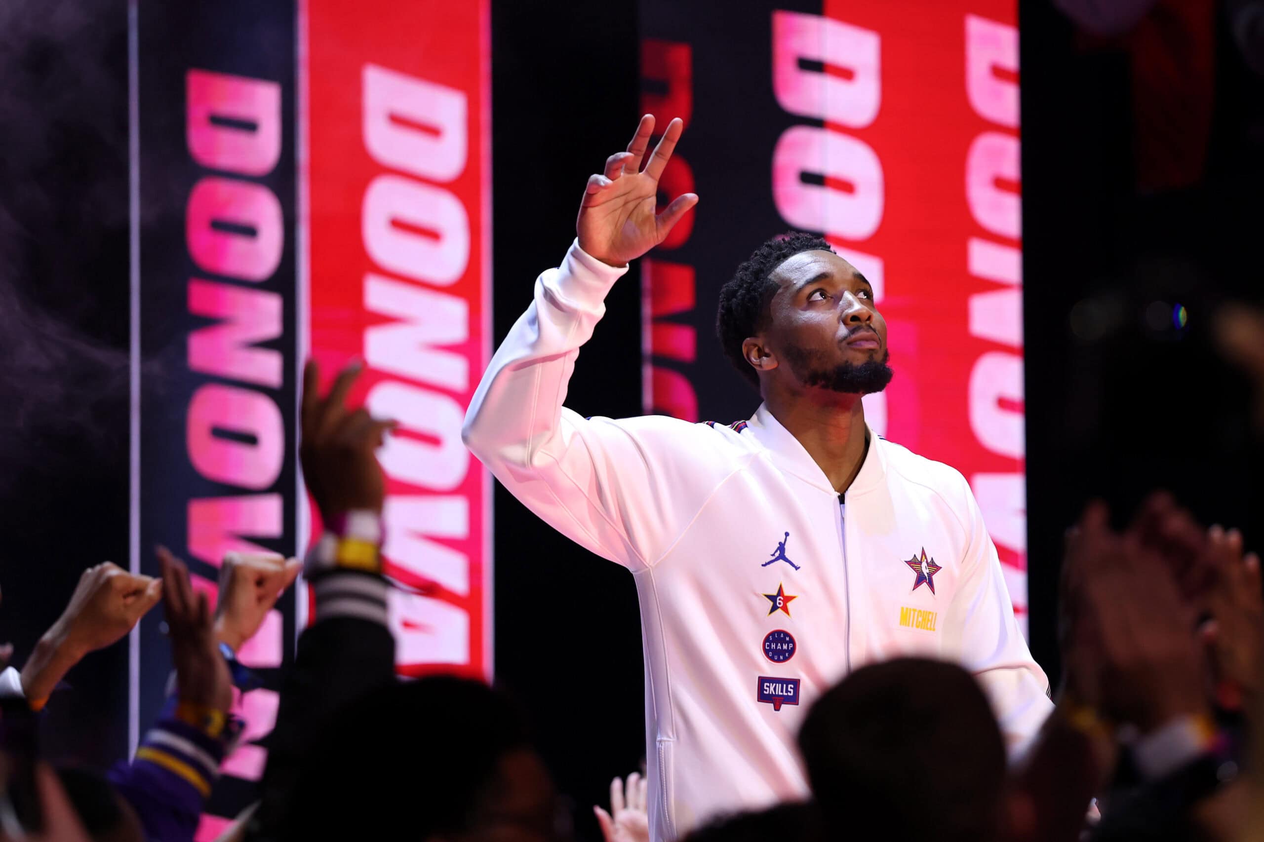 SAN FRANCISCO, CALIFORNIA - FEBRUARY 16: Donovan Mitchell #45 of the Cleveland Cavaliers and Chuck's Global Stars walks out during team introductions during the 74th NBA All-Star Game at Chase Center on February 16, 2025 in San Francisco, California.