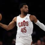 NEW YORK, NEW YORK - FEBRUARY 20: Donovan Mitchell #45 of the Cleveland Cavaliers looks to pass during the game against the Brooklyn Nets at Barclays Center on February 20, 2025 in the Brooklyn borough of New York City.