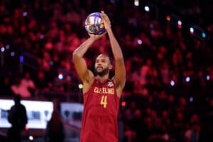 SAN FRANCISCO, CALIFORNIA - FEBRUARY 15: Evan Mobley #4 of the Cleveland Cavaliers participates during the 2025 KIA Skills Challenge as part of the State Farm All-Star Saturday Night at Chase Center on February 15, 2025 in San Francisco, California.