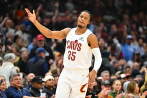 CLEVELAND, OHIO - NOVEMBER 27: Isaac Okoro #35 of the Cleveland Cavaliers celebrates during the first quarter against the Atlanta Hawks at Rocket Mortgage Fieldhouse on November 27, 2024 in Cleveland, Ohio.