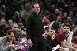 WASHINGTON, DC - FEBRUARY 07: Kenny Atkinson of the Cleveland Cavaliers looks on during the first half against the Washington Wizards at Capital One Arena on February 07, 2025 in Washington, DC.