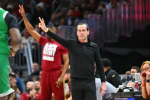 CLEVELAND, OHIO - FEBRUARY 04: Head coach Kenny Atkinson of the Cleveland Cavaliers signals to his players during the fourth quarter against the Boston Celtics at Rocket Mortgage Fieldhouse on February 04, 2025 in Cleveland, Ohio. The Celtics defeated the Cavaliers 112-105.