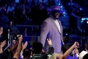 SAN FRANCISCO, CALIFORNIA - FEBRUARY 16: General Manager Shaquille O'Neal of Shaq's OGs walks out during team introductions during the 74th NBA All-Star Game at Chase Center on February 16, 2025 in San Francisco, California.