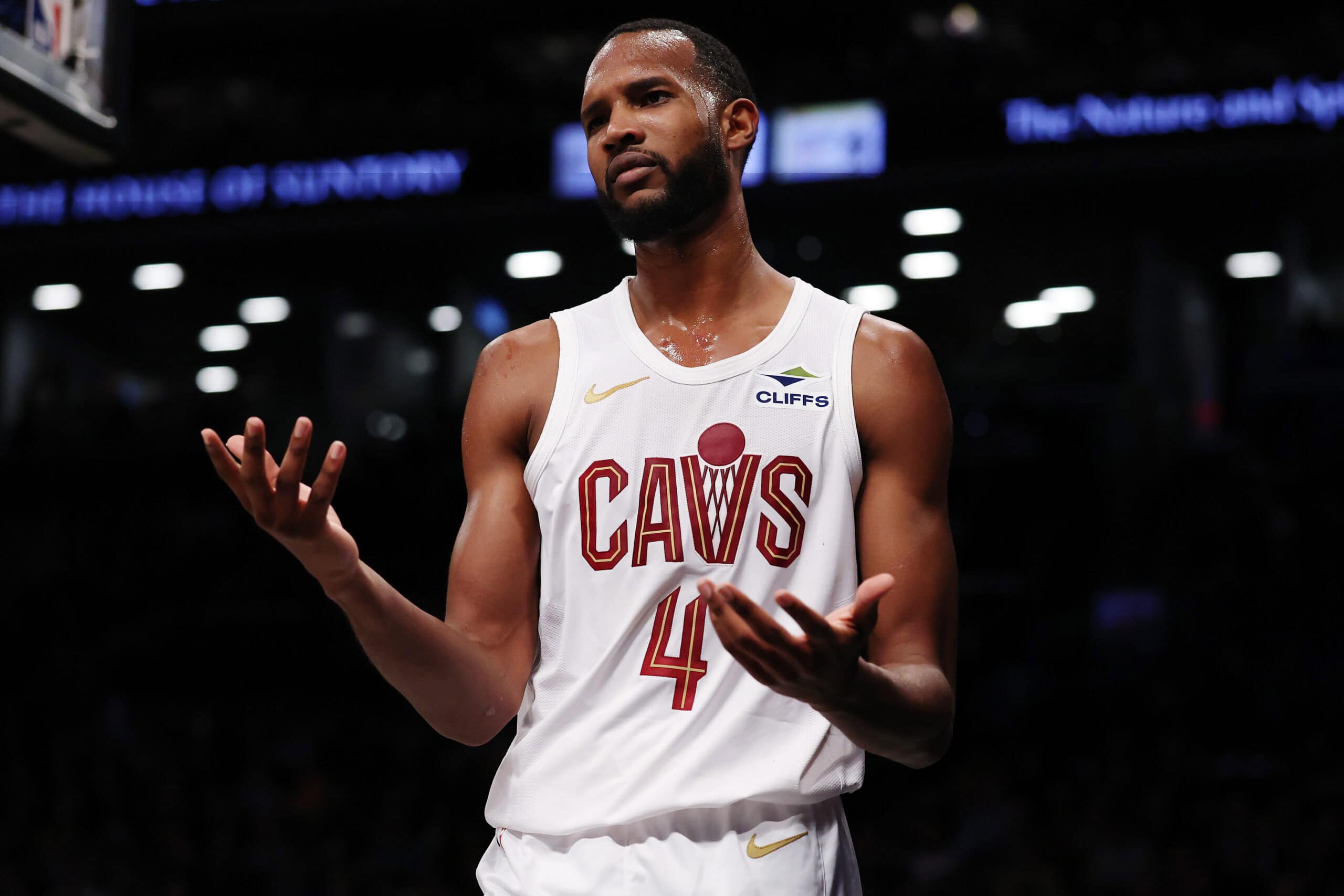 NEW YORK, NEW YORK - FEBRUARY 20: Evan Mobley #4 of the Cleveland Cavaliers reacts during the game against the Brooklyn Nets at Barclays Center on February 20, 2025 in the Brooklyn borough of New York City. The Cleveland Cavaliers won 110-97. NOTE TO USER: User expressly acknowledges and agrees that, by downloading and or using this photograph, User is consenting to the terms and conditions of the Getty Images License Agreement.