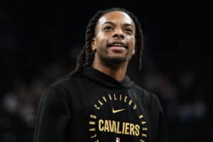 SALT LAKE CITY, UTAH - MARCH 23: Darius Garland #10 of the Cleveland Cavaliers looks on before a game against the Utah Jazz at Delta Center on March 23, 2025 in Salt Lake City, Utah.
