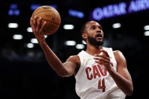 NEW YORK, NEW YORK - FEBRUARY 20: Evan Mobley #4 of the Cleveland Cavaliers in action during the game against the Brooklyn Nets at Barclays Center on February 20, 2025 in the Brooklyn borough of New York City. The Cleveland Cavaliers won 110-97.