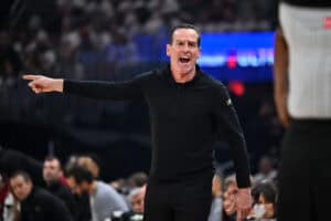 CLEVELAND, OHIO - APRIL 20: Head coach Kenny Atkinson of the Cleveland Cavaliers reacts during the second quarter against the Miami Heat during game one of the first round of the Eastern Conference Playoffs at Rocket Arena on April 20, 2025 in Cleveland, Ohio. NOTE TO USER: User expressly acknowledges and agrees that, by downloading and or using this photograph, User is consenting to the terms and conditions of the Getty Images License Agreement.