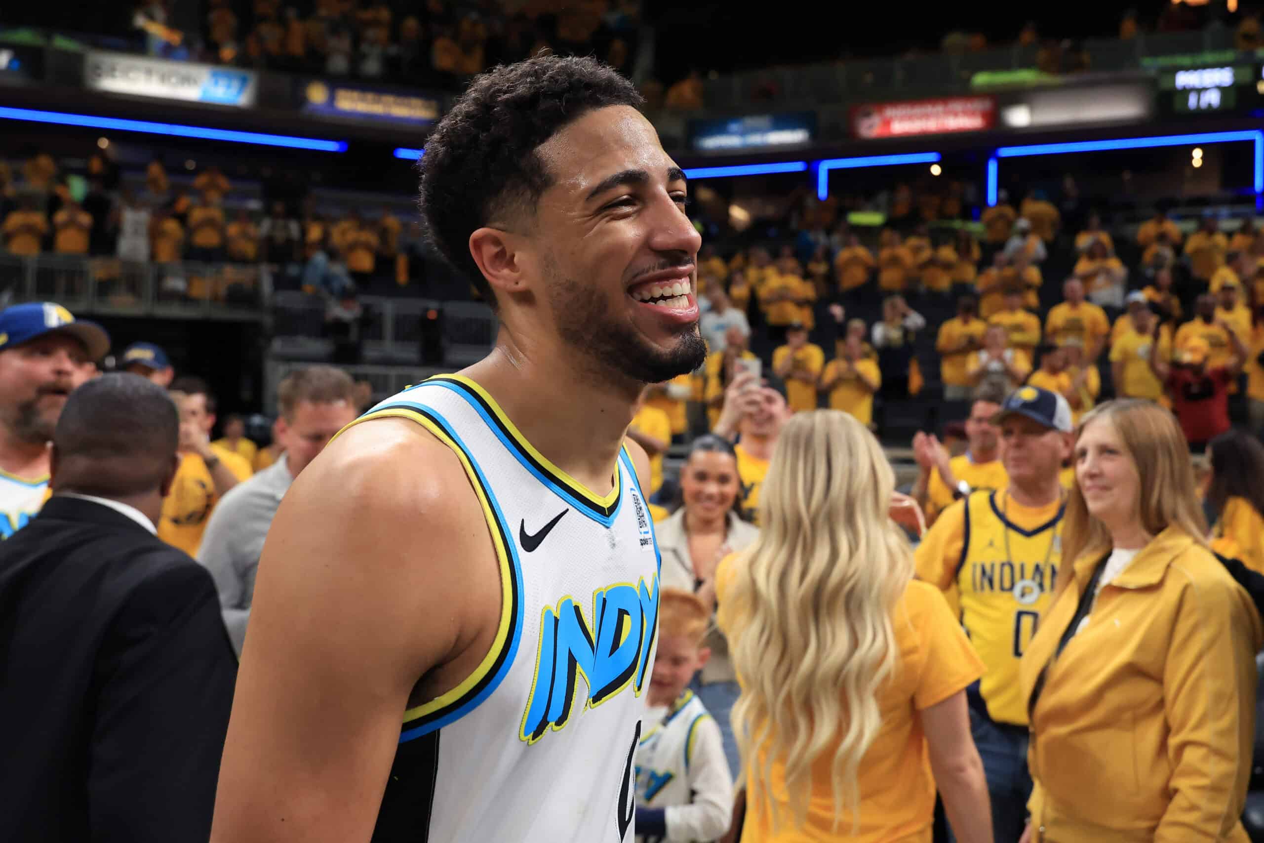 INDIANAPOLIS, INDIANA - APRIL 29: Tyrese Haliburton #0 of the Indiana Pacers reacts after defeating the Milwaukee Bucks during Game 5 of the 2025 NBA Playoffs at Gainbridge Fieldhouse on April 29, 2025 in Indianapolis, Indiana. NOTE TO USER: User expressly acknowledges and agrees that, by downloading and or using this photograph, User is consenting to the terms and conditions of the Getty Images License Agreement.
