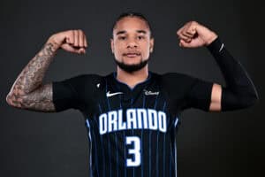 ORLANDO, FLORIDA - OCTOBER 02: Chuma Okeke #3 of the Orlando Magic poses for a portrait during the 2023-2024 Orlando Magic Media Day at AdventHealth Training Center on October 02, 2023 in Orlando, Florida.