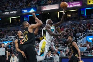 INDIANAPOLIS, INDIANA - APRIL 10: Pascal Siakam #43 of the Indiana Pacers attempts a shot while being guarded by Tristan Thompson #13 of the Cleveland Cavaliers in the second quarter at Gainbridge Fieldhouse on April 10, 2025 in Indianapolis, Indiana.