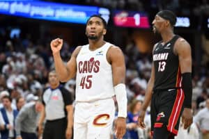 CLEVELAND, OHIO - APRIL 23: Donovan Mitchell #45 of the Cleveland Cavaliers celebrates during the fourth quarter of game two of the first round of the Eastern Conference Playoffs against the Miami Heat at Rocket Arena on April 23, 2025 in Cleveland, Ohio. The Cavaliers defeated the Heat 121-112.