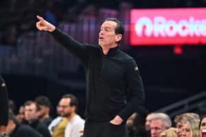 CLEVELAND, OHIO - APRIL 13: Head coach Kenny Atkinson of the Cleveland Cavaliers reacts during the first quarter against the Indiana Pacers at Rocket Arena on April 13, 2025 in Cleveland, Ohio.