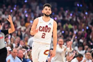 CLEVELAND, OHIO - APRIL 23: Ty Jerome #2 of the Cleveland Cavaliers celebrates during the first quarter of game two of the first round of the Eastern Conference Playoffs against the Miami Heat at Rocket Arena on April 23, 2025 in Cleveland, Ohio.
