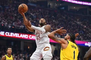 CLEVELAND, OHIO - MAY 04: Donovan Mitchell #45 of the Cleveland Cavaliers shoots over Obi Toppin #1 of the Indiana Pacers during the second quarter of game one of the Eastern Conference Semifinals at Rocket Arena on May 04, 2025 in Cleveland, Ohio. NOTE TO USER: User expressly acknowledges and agrees that, by downloading and or using this photograph, User is consenting to the terms and conditions of the Getty Images License Agreement.