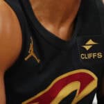CHICAGO, ILLINOIS - DECEMBER 23: A detail of Cleveland-Cliffs logo on the jersey of the Cleveland Cavaliers during the first half against the Chicago Bulls at the United Center on December 23, 2023 in Chicago, Illinois.