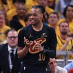 INDIANAPOLIS, INDIANA - MAY 09: Darius Garland #10 of the Cleveland Cavaliers reacts against the Indiana Pacers during the first quarter of game three of the Eastern Conference Semifinals at Gainbridge Fieldhouse on May 09, 2025 in Indianapolis, Indiana.