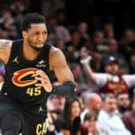 CLEVELAND, OHIO - MAY 13: Donovan Mitchell #45 of the Cleveland Cavaliers reacts against the Indiana Pacers during the third quarter in Game Five of the Eastern Conference Second Round NBA Playoffs at Rocket Arena on May 13, 2025 in Cleveland, Ohio.