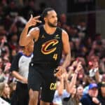 CLEVELAND, OHIO - MAY 13: Evan Mobley #4 of the Cleveland Cavaliers reacts after making a three-point basket against the Indiana Pacers during the third quarter in Game Five of the Eastern Conference Second Round NBA Playoffs at Rocket Arena on May 13, 2025 in Cleveland, Ohio.