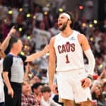 CLEVELAND, OHIO - APRIL 23: Max Strus #1 of the Cleveland Cavaliers celebrates after scoring during the second quarter of game two of the first round of the Eastern Conference Playoffs against the Miami Heat at Rocket Arena on April 23, 2025 in Cleveland, Ohio. NOTE TO USER: User expressly acknowledges and agrees that, by downloading and or using this photograph, User is consenting to the terms and conditions of the Getty Images License Agreement.