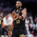 MIAMI, FLORIDA - APRIL 28: Tristan Thompson #13 of the Cleveland Cavaliers reacts during the fourth quarter against the Miami Heat in Game Four of the Eastern Conference First Round NBA Playoffs at Kaseya Center on April 28, 2025 in Miami, Florida.