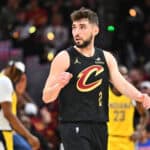 CLEVELAND, OHIO - MAY 13: Ty Jerome #2 of the Cleveland Cavaliers celebrates against the Indiana Pacers during the fourth quarter in Game Five of the Eastern Conference Second Round NBA Playoffs at Rocket Arena on May 13, 2025 in Cleveland, Ohio.